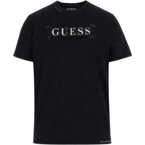 Schwarzes Baumwoll-T-Shirt - Gerader Schnitt , Herren, Größe: S - Guess - Modalova