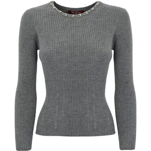 Gerippter Wollpullover Grau Juwel Stickerei , Damen, Größe: M - Max Mara Studio - Modalova