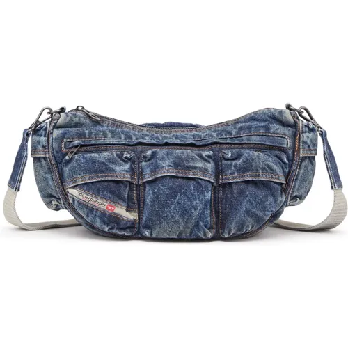 Travel 3000 Shoulder Bag X - Multipocket-Tasche aus behandeltem Denim , Damen, Größe: ONE Size - Diesel - Modalova