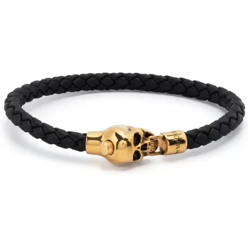 Edgy Leather Bracelet with Gold Skull Detail , male, Sizes: S - alexander mcqueen - Modalova