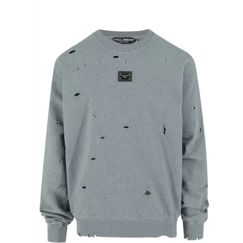 Distressed Plaque Sweatshirt for Men , male, Sizes: M - Dolce & Gabbana - Modalova
