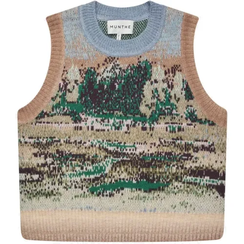 Elegant Landscape Pattern Knitted Vest , female, Sizes: M, L - Munthe - Modalova