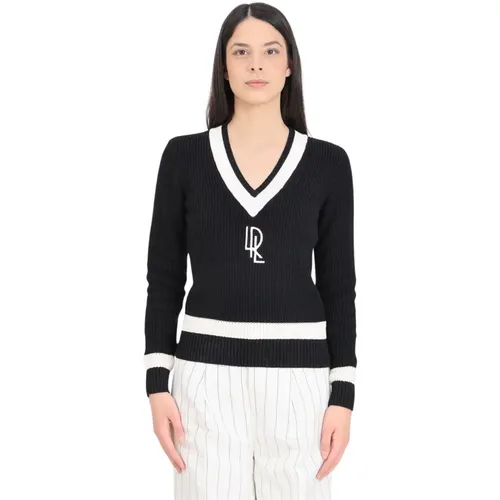 Schwarzer V-Ausschnitt Pullover mit Monogramm , Damen, Größe: L - Ralph Lauren - Modalova