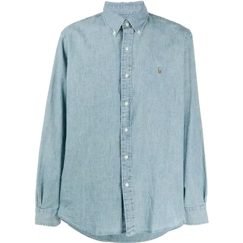 Blaues Chambray Casual Langarmhemd , Herren, Größe: L - Polo Ralph Lauren - Modalova