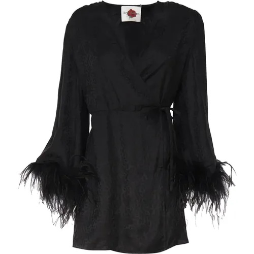 Schwarzes Seidenkleid mit Federärmeln , Damen, Größe: L - Art Dealer - Modalova
