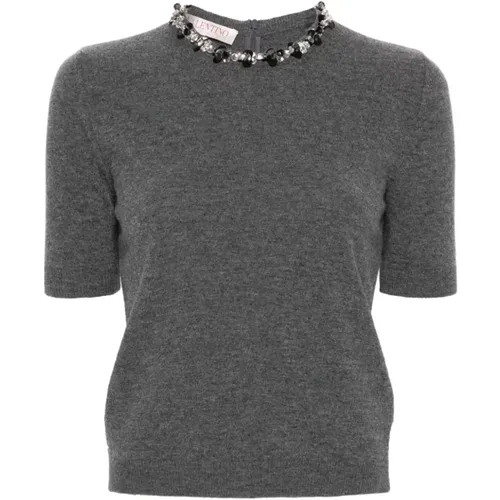 Dark Grey Knitted Gem Embellished Top , female, Sizes: S - Valentino - Modalova