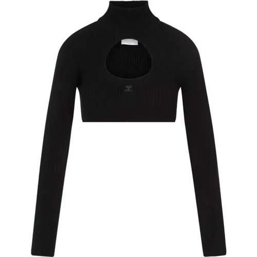 Schwarzer Circle Mock Neck Cropped Pullover , Damen, Größe: M - Courrèges - Modalova