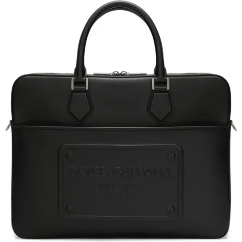 Schwarze Aktentasche aus Kalbsleder mit Logoplatte - Dolce & Gabbana - Modalova