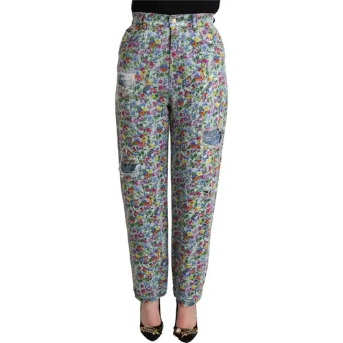 Floral Print High Waist Denim Tapered Jeans , female, Sizes: XS - Dolce & Gabbana - Modalova