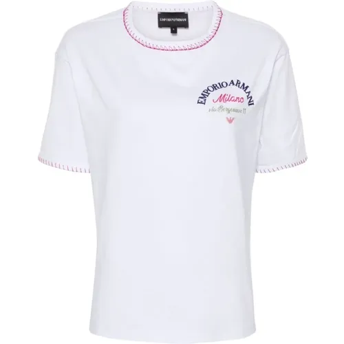 Weiße Baumwoll-T-Shirt mit Logo-Stickerei , Damen, Größe: L - Emporio Armani - Modalova