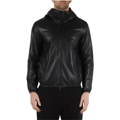 Leather Jacket with Hood and Logo Patch , male, Sizes: XL, M, L, 2XL - Emporio Armani - Modalova