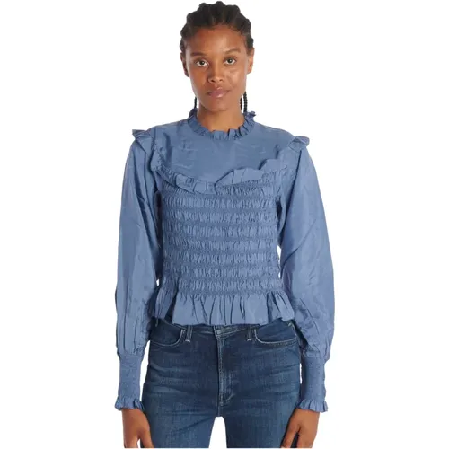 Blaues lockiges Stil Seidenhemd , Damen, Größe: XS - Sea NY - Modalova