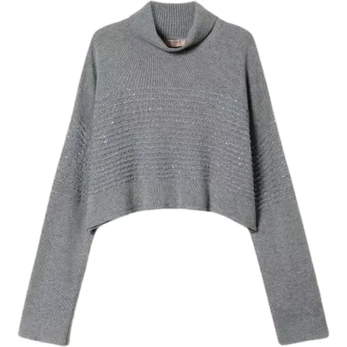 Grauer Pailletten Pullover Dolcevita Langarm , Damen, Größe: M - Twinset - Modalova