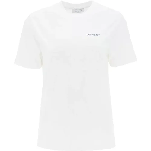 Off , T-Shirt mit diagonaler Linienstickerei , Damen, Größe: XS - Off White - Modalova