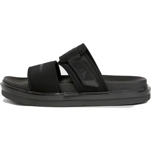 Schwarze Doppelriemen Flache Sandale , Herren, Größe: 45 EU - Calvin Klein Jeans - Modalova