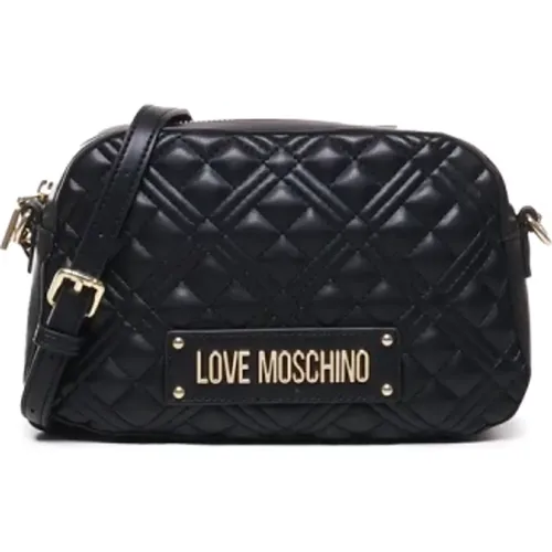 Schwarze gesteppte Schultertasche mit Logo-Plakette - Love Moschino - Modalova