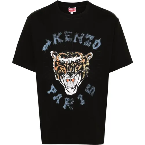 Schwarze Tiger Head T-Shirts und Polos,Schwarzes Rundhals-T-Shirt - Kenzo - Modalova