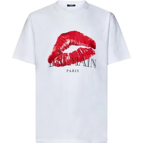 Weißes T-Shirt mit Kussdruck , Herren, Größe: L - Balmain - Modalova