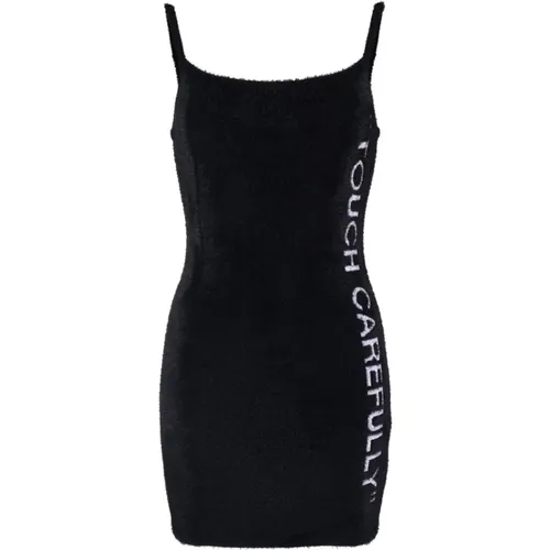 Schwarzes Slogan Detail Fuzzy Mini Kleid , Damen, Größe: 2XS - Off White - Modalova