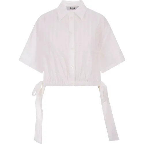 Weiße Seersucker Crop Bluse Klassischer Kragen , Damen, Größe: S - Msgm - Modalova