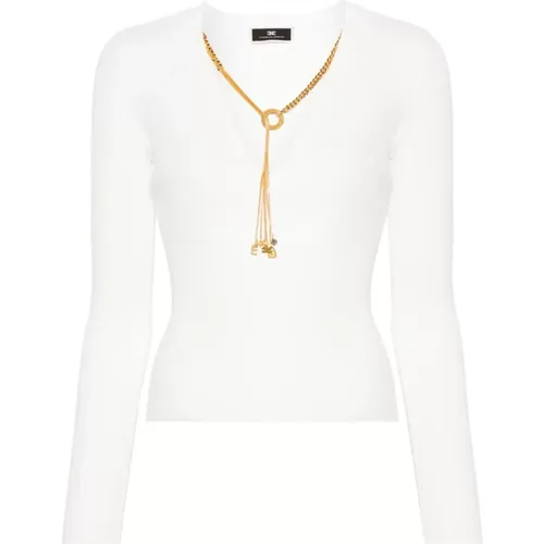 Weißer Pullover mit V-Ausschnitt und Goldkette,Gerippter V-Ausschnitt Pullover mit goldener Metallkette - Elisabetta Franchi - Modalova