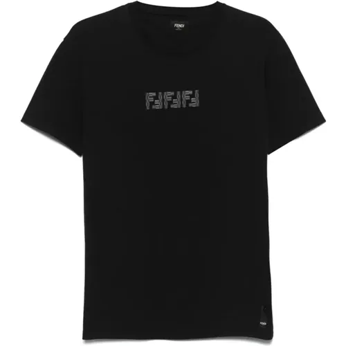 Labyrinth Besticktes T-Shirt Schwarz Baumwolle , Herren, Größe: L - Fendi - Modalova