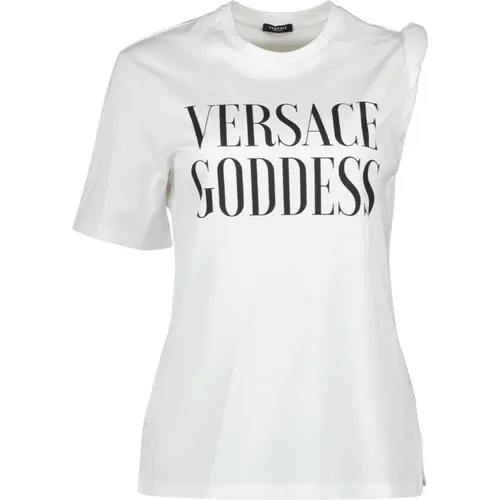 Asymmetrisches T-Shirt mit Logo-Print , Damen, Größe: XS - Versace - Modalova
