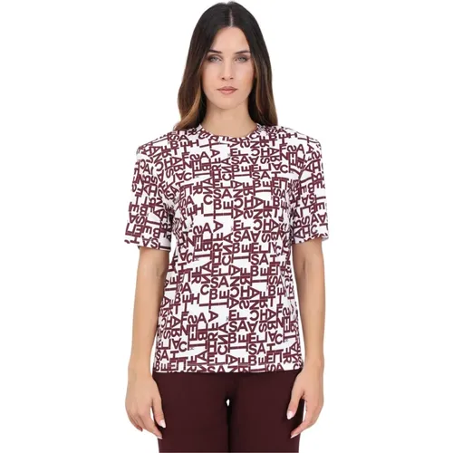 Weiße T-Shirt mit kurzen Ärmeln und All-Over-Schriftzug , Damen, Größe: S - Elisabetta Franchi - Modalova