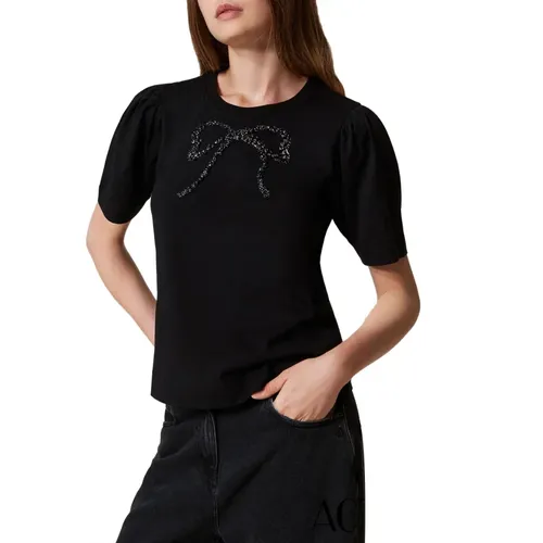 Schwarzes T-Shirt mit handbestickter Schleife , Damen, Größe: M - ACTITUDE - Modalova