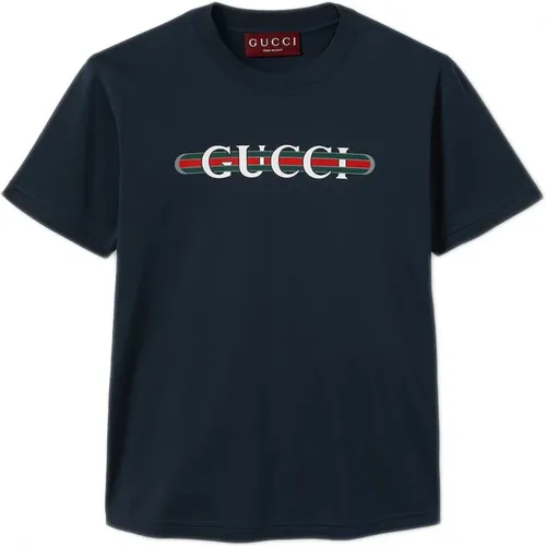 Blaue Web-Print Rundhals T-Shirts , Damen, Größe: XS - Gucci - Modalova