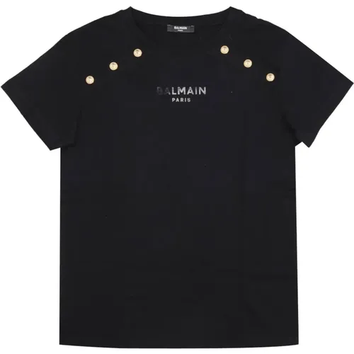 Schwarze Baumwoll-T-Shirts und Polos mit goldenen Knöpfen - Balmain - Modalova
