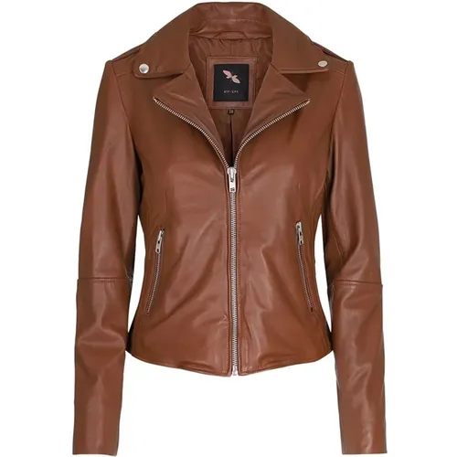 Women`s Leather Biker Jacket with Straight Big Zipper , female, Sizes: S - Btfcph - Modalova