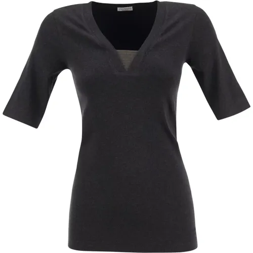 Stretch-Baumwoll-Ripp-Jersey-T-Shirt mit wertvollem Einsatz , Damen, Größe: XS - BRUNELLO CUCINELLI - Modalova