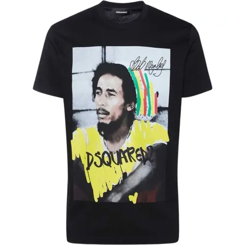 Grafik Print Bob Marley T-Shirt - Größe L, Schwarz , Herren, Größe: S - Dsquared2 - Modalova