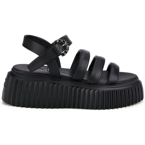 Schwarze Flache Ledersandalen , Damen, Größe: 41 EU - AGL - Modalova