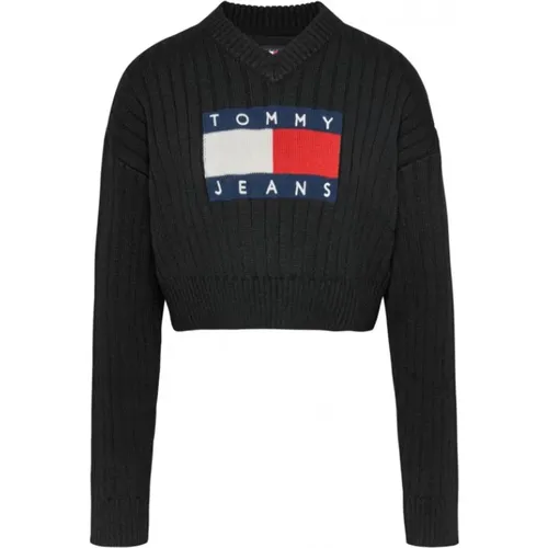 Schwarzer V-Ausschnitt Pullover mit Flaggenstickerei , Damen, Größe: L - Tommy Jeans - Modalova