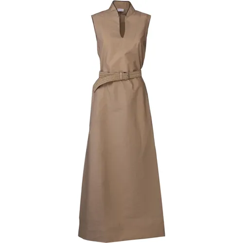 Popeline Kleid mit Raffiagürtel, Bleeker Kleid,Techno-Baumwoll-Popeline-Kleid mit kostbarem Schulterdetail - BRUNELLO CUCINELLI - Modalova
