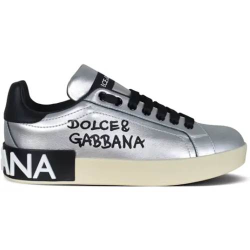 Silberne Ledersneakers , Herren, Größe: 39 EU - Dolce & Gabbana - Modalova