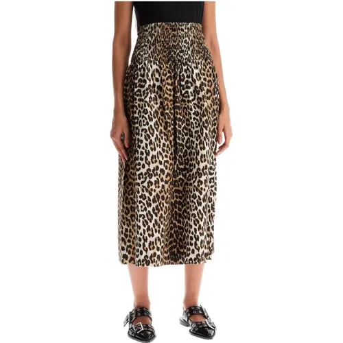 Leopard Print Smocked Cotton Midi Skirt , Damen, Größe: M - Ganni - Modalova