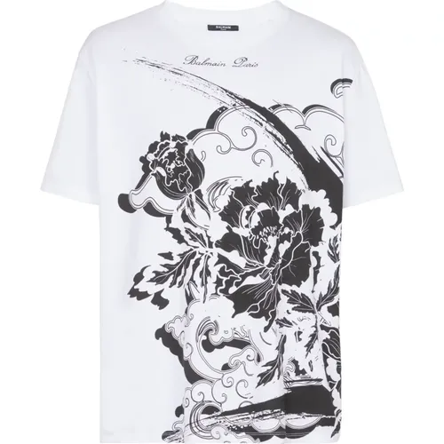 T-Shirt mit Blumen-Print , Herren, Größe: 2XL - Balmain - Modalova