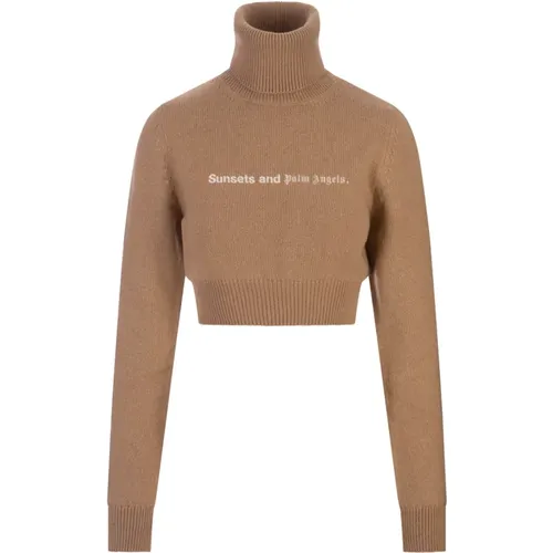 Brauner Crop Turtleneck Sweater mit Slogan,Sunset Cropped Sweater - Palm Angels - Modalova