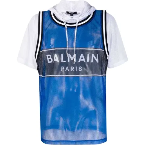 Blaues Hoodie T-Shirt mit Logo - L , Herren, Größe: S - Balmain - Modalova