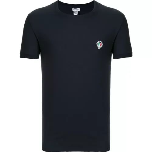 Marineblaues T-Shirt mit Besticktem Logo , Herren, Größe: L - Dolce & Gabbana - Modalova