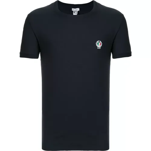 Marineblaues T-Shirt mit Besticktem Logo , Herren, Größe: M - Dolce & Gabbana - Modalova