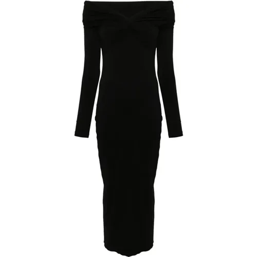 Schwarzes Off-shoulder Midi Kleid mit Verdrehtem Detail , Damen, Größe: S - ROTATE Birger Christensen - Modalova