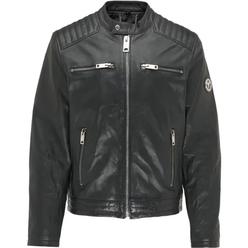 Men`s Biker Leather Jacket with Colorful Logo Print Centofanti , male, Sizes: XL, M, 3XL - carlo colucci - Modalova