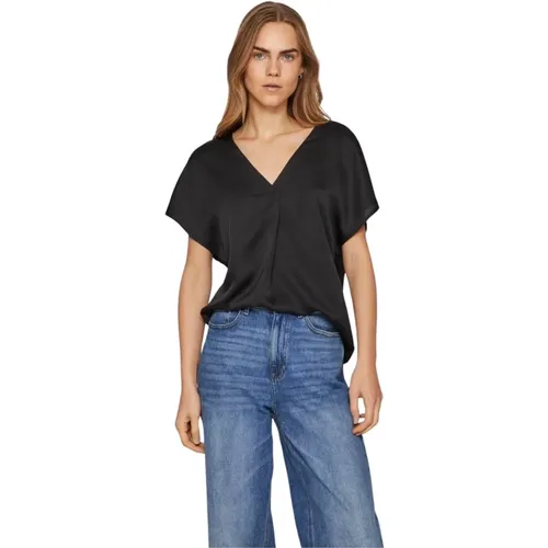 Satin V-Ausschnitt Kurzarm T-Shirt , Damen, Größe: S - Vila - Modalova