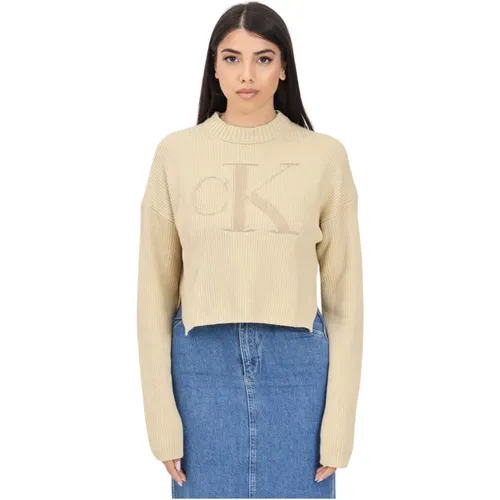 Beiger Crewneck Pullover mit CK Monogramm , Damen, Größe: M - Calvin Klein Jeans - Modalova