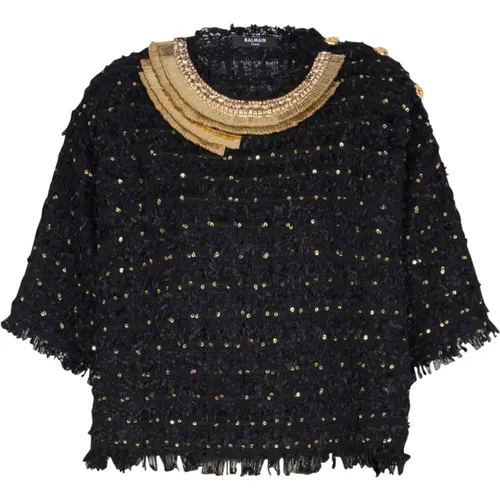 Embroidered tweed crop top , female, Sizes: XS - Balmain - Modalova