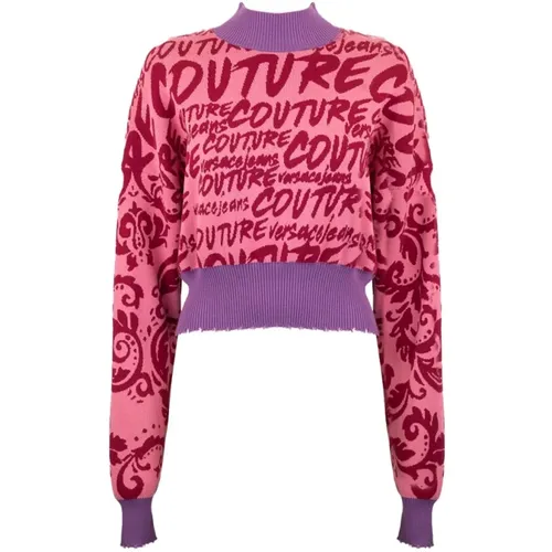 High Neck Turtleneck with All Over Lettering Print - S , female, Sizes: S - Versace Jeans Couture - Modalova